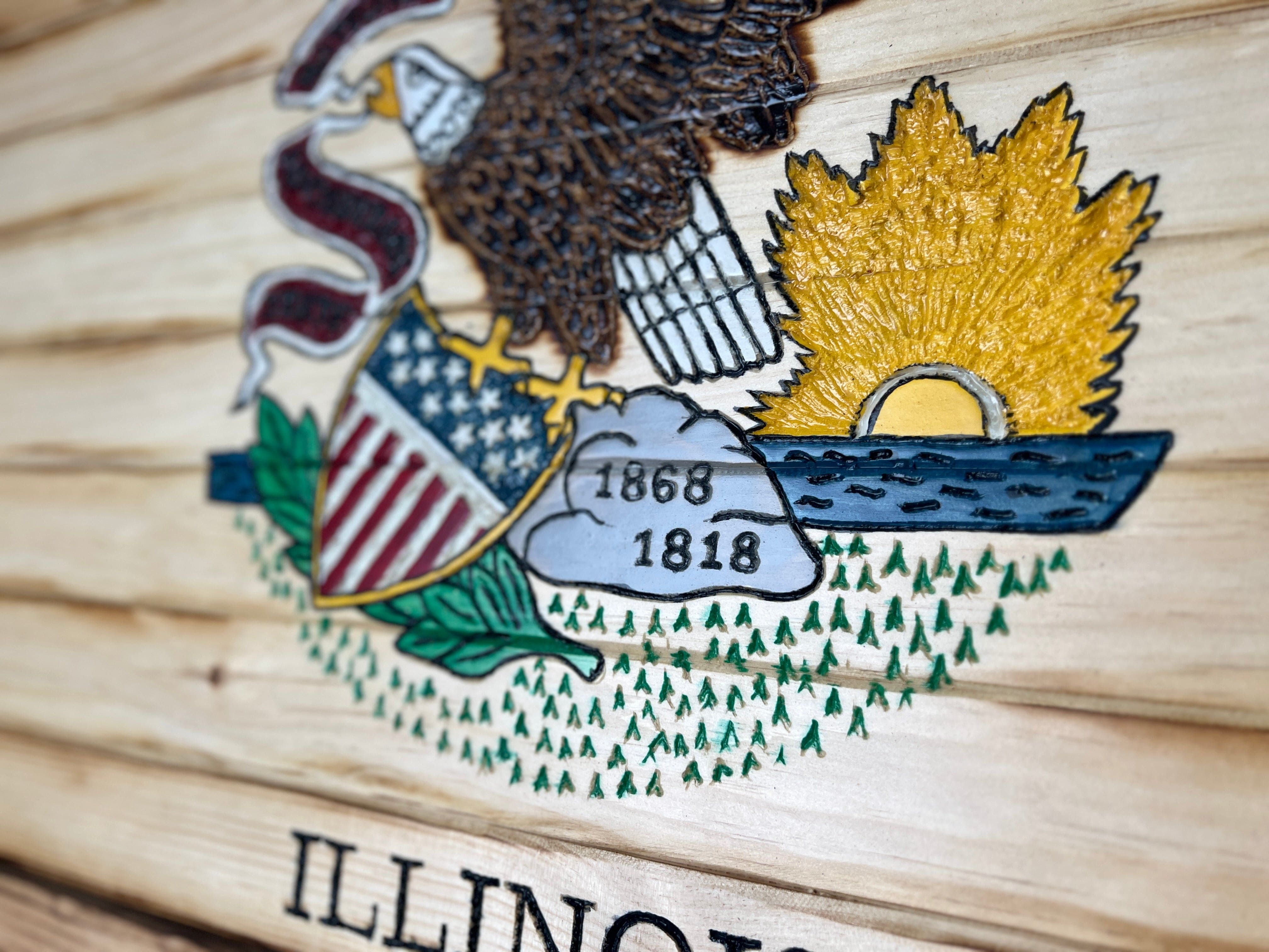 Illinois Handcarved Wooden Flag