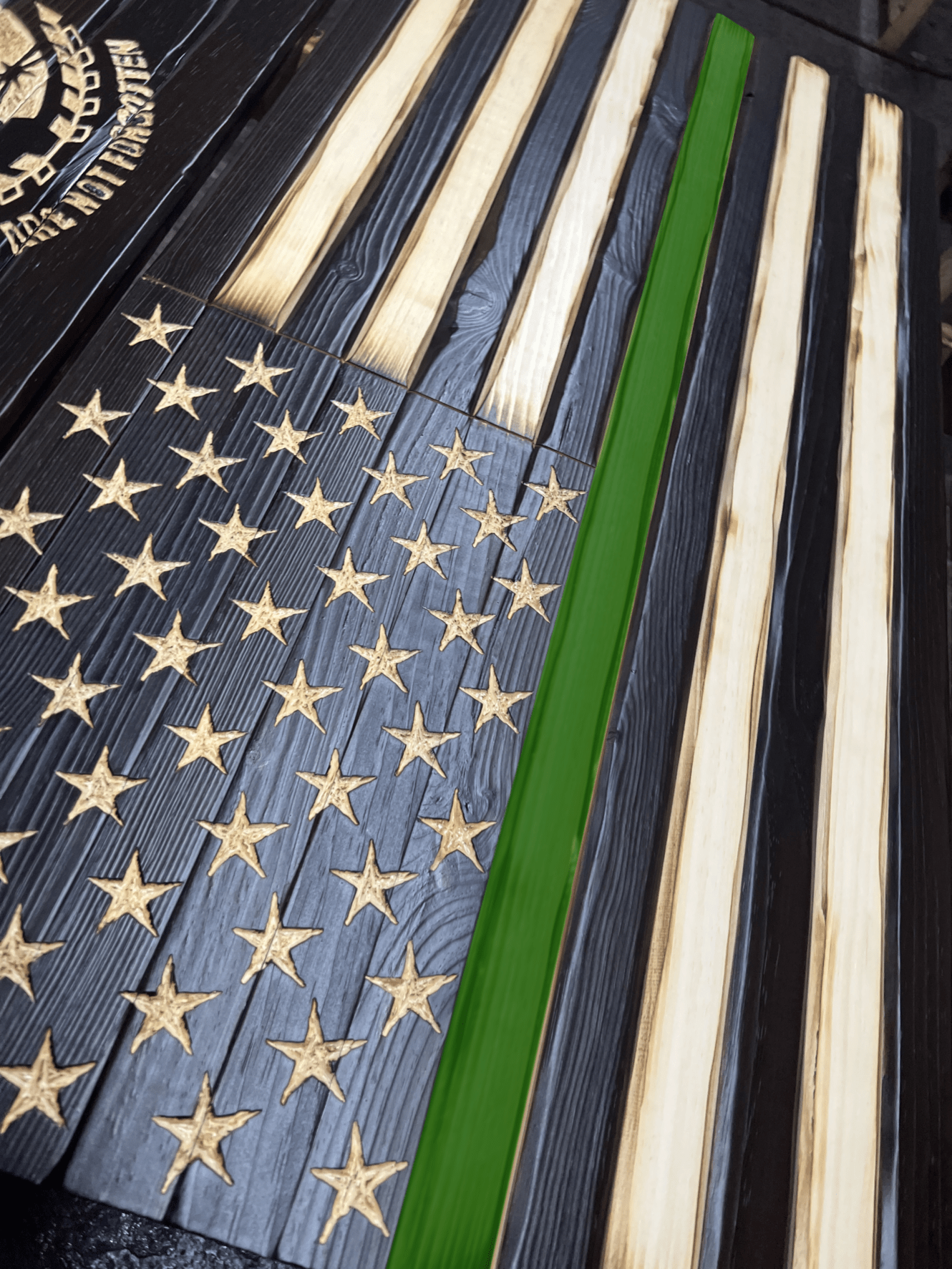 Thin Green Line Charred Handmade Wooden Flag