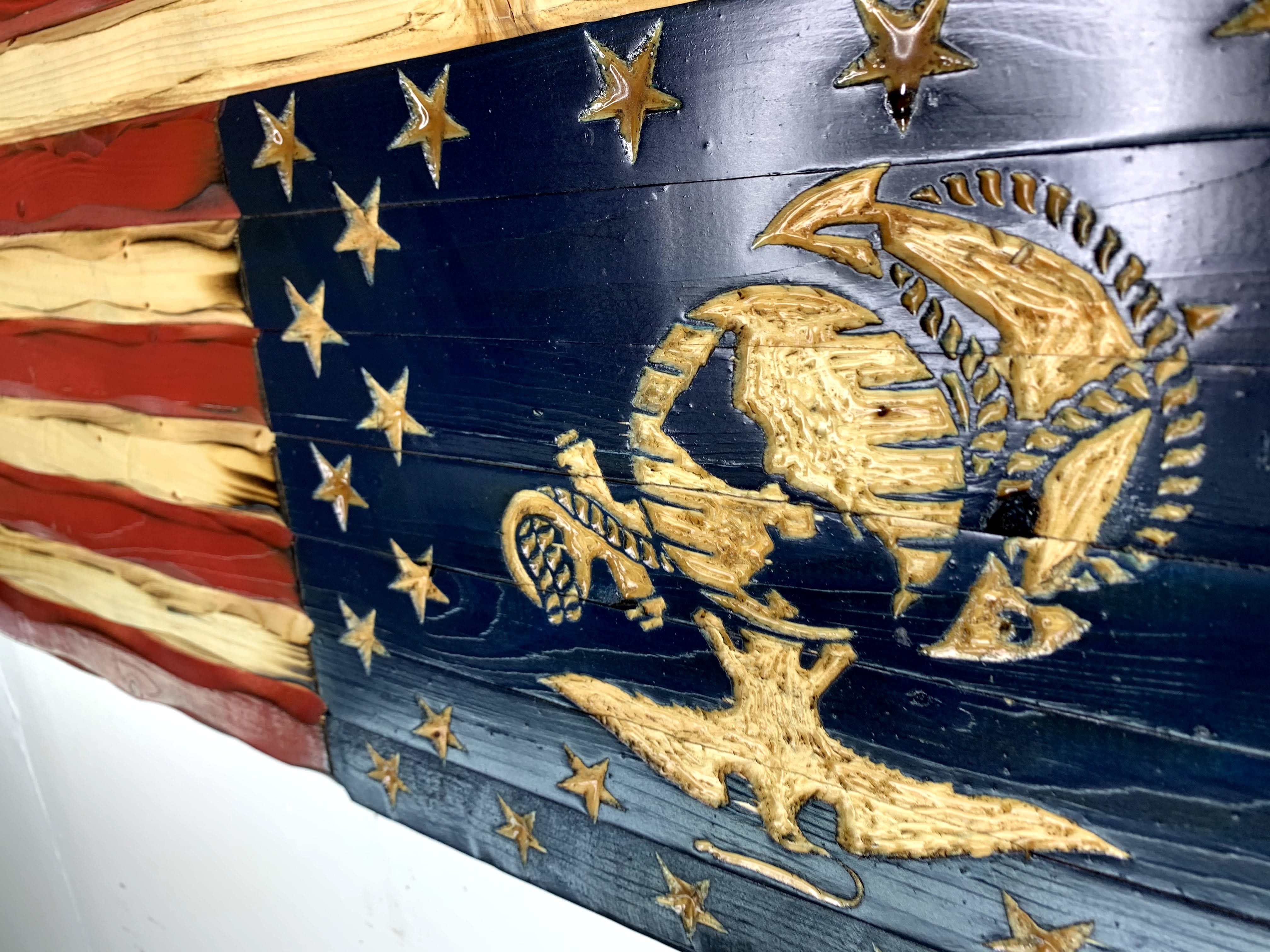 Marine Glory Handcarved American Wooden Flag