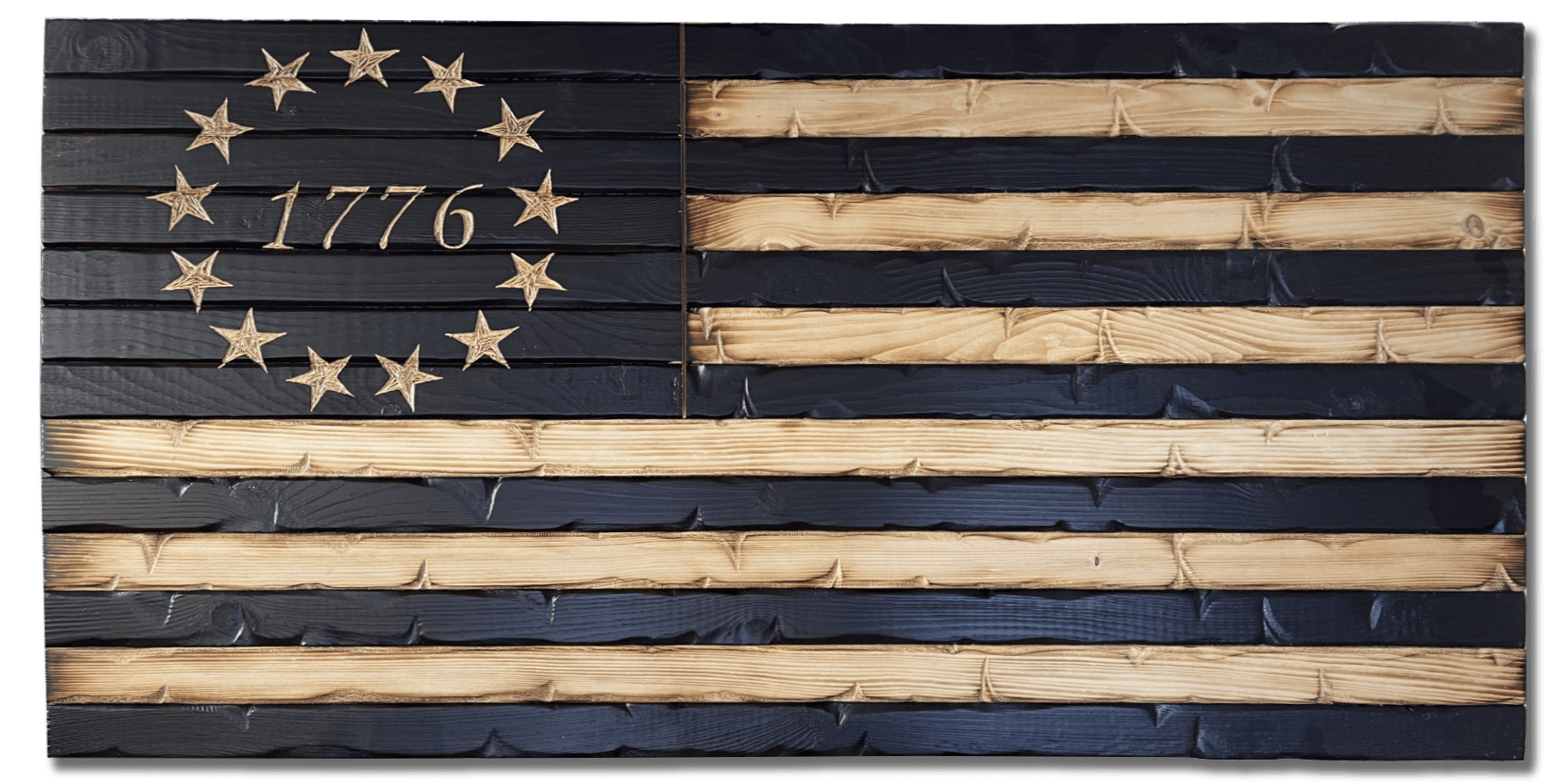 Rustic Charred Glory 1776 Handcarved Wooden American Flag