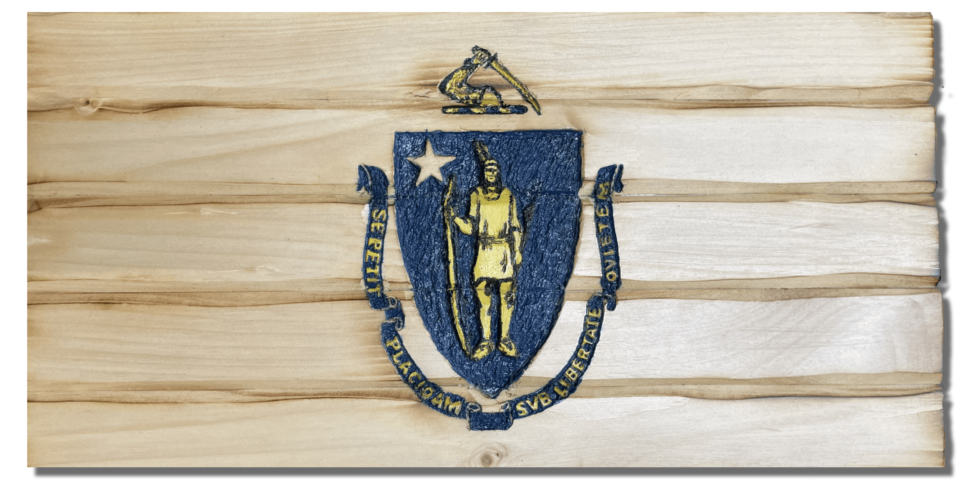 Massachusetts Handcarved Wooden Flag