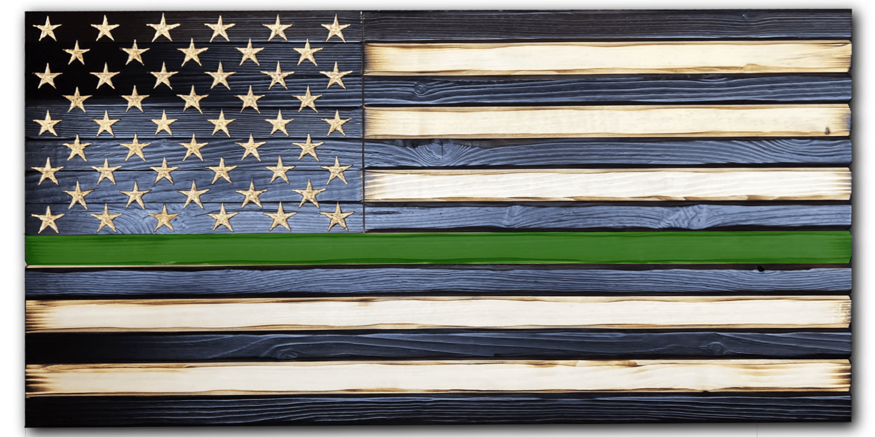 Thin Green Line Charred Handmade Wooden Flag